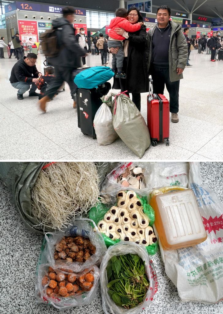 拼版照片：上图为河南省新乡市延津县的申鹏（右一）和妻儿在郑州东站候车大厅内候车，准备返回贵阳工作；下图为他们行囊里装的母亲亲手制作的枣馍和炸丸子，以及自家做的粉条和种的菜（均为2月17日摄）。新华社记者 李安 摄
