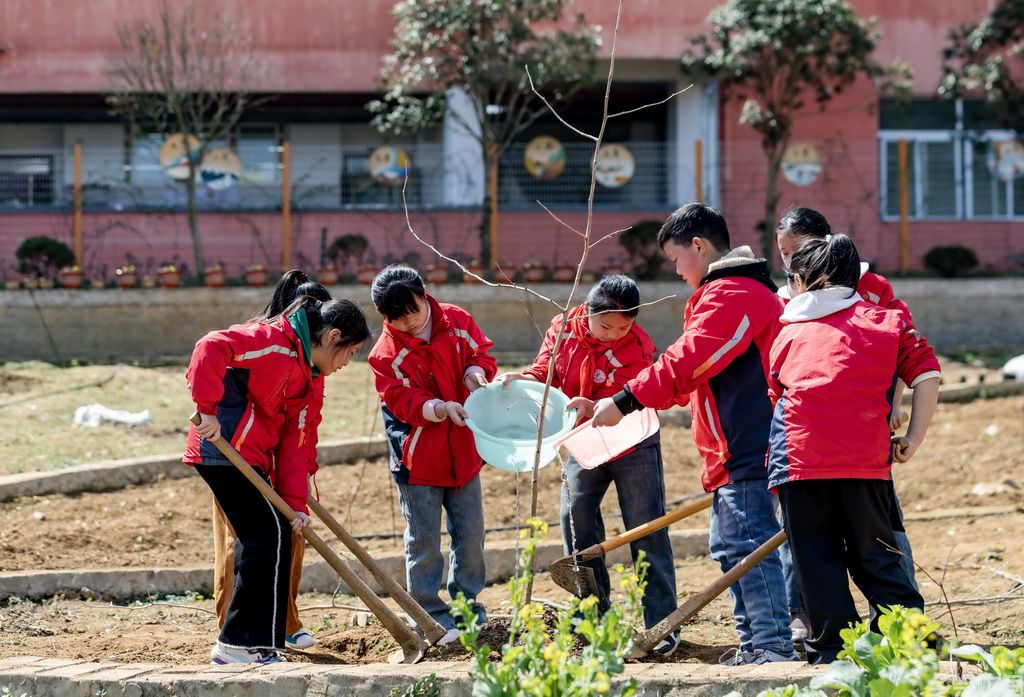 3月11日,学生在贵州省黔西市惠风学校劳动基地植树。新华社发(范晖摄)